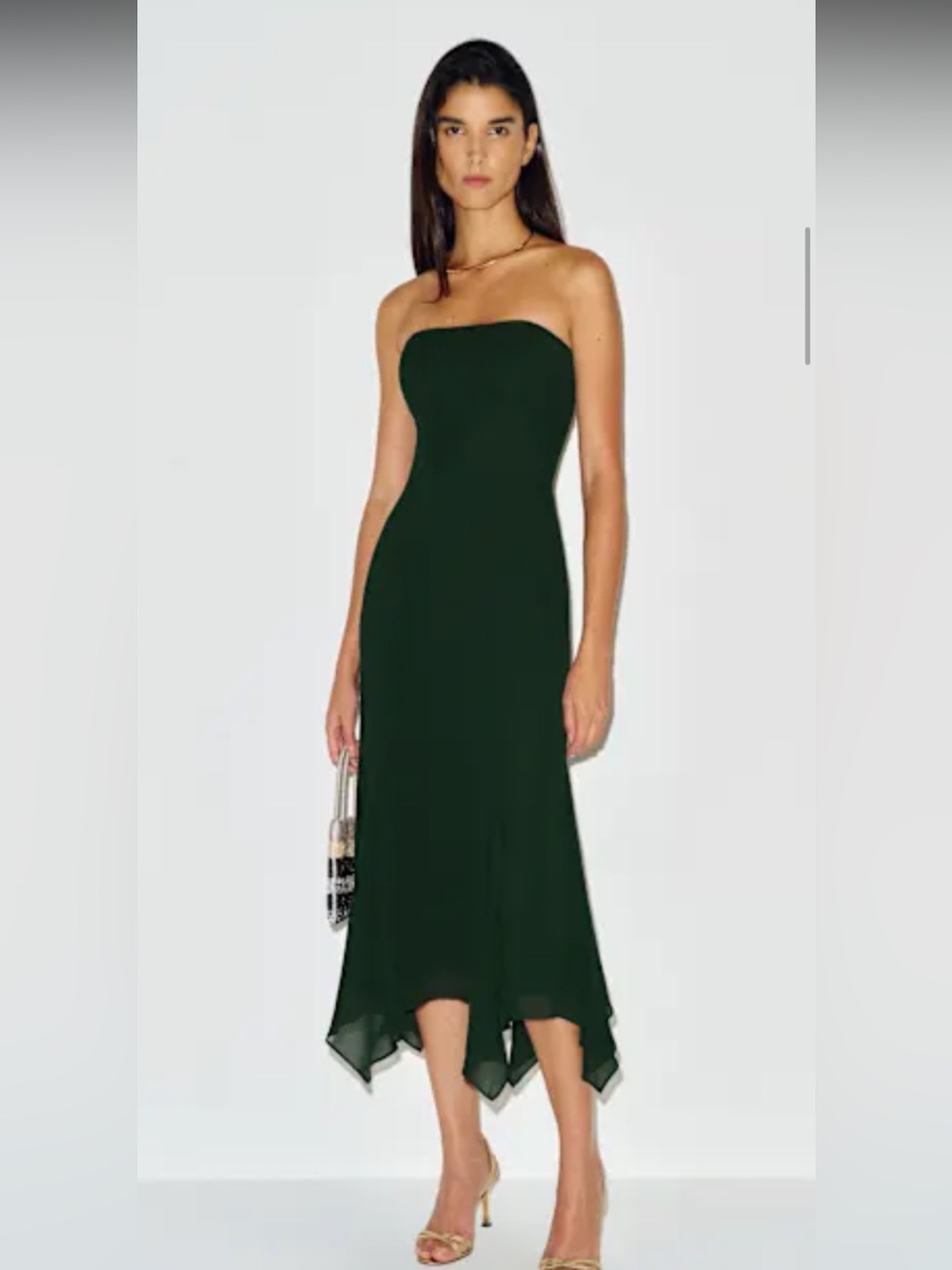 Reformation Strapless Dark Green Midi Dress